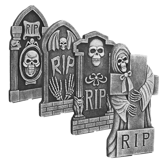 Lot 4 Pierres Tombales Décoratives Halloween - Crânes et RIP