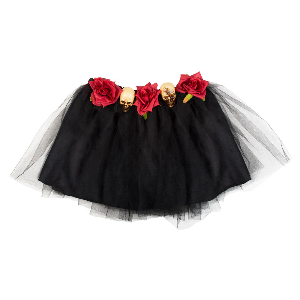 Jupe Tutu Noir Fleurs Roses et Crânes Dorés Halloween