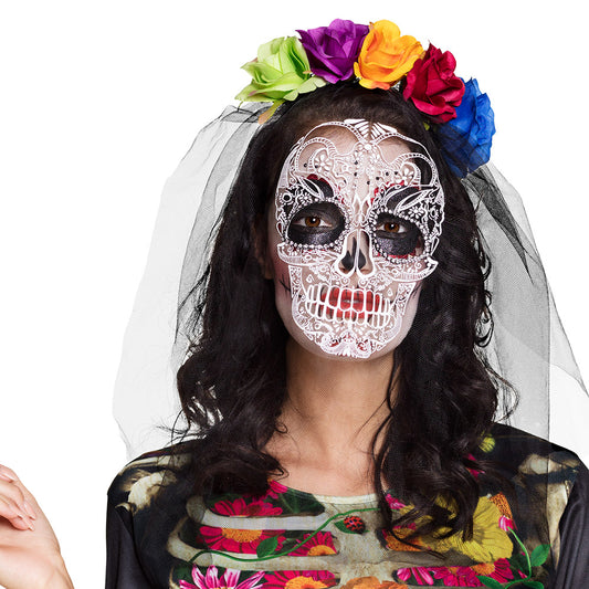 Masque Skull Dia de los Muertos avec Voile et Couronne Fleurs