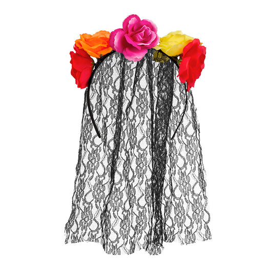 Couronne Fleurs Colorées + Voile Dentelle - Déguisement Jour des Morts