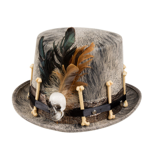 Chapeau Haut de Forme Vaudou avec Crâne et Plumes