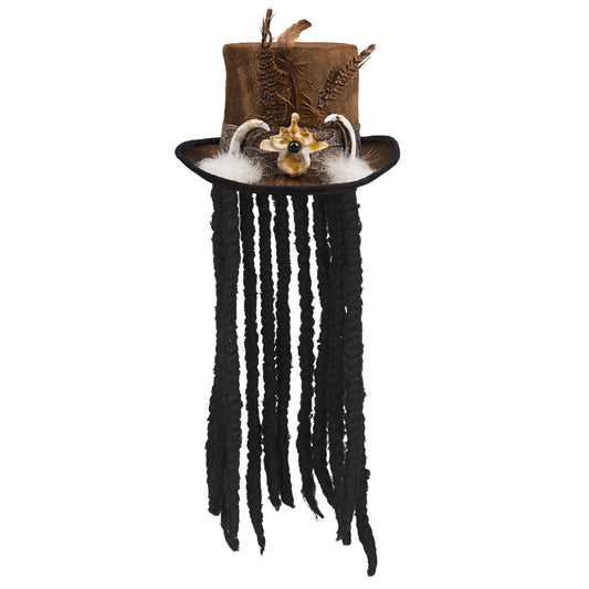 Chapeau Haut de Forme Vaudou Cornes Plumes Noir