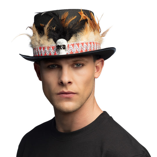 Chapeau Haut de Forme Noir Luxe avec Crâne et Plumes