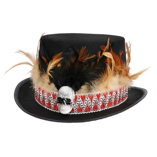 Chapeau Haut de Forme Noir Luxe avec Crâne et Plumes
