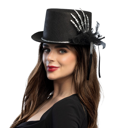 Chapeau Haut de Forme Noir Gothique avec Décoration Squelette