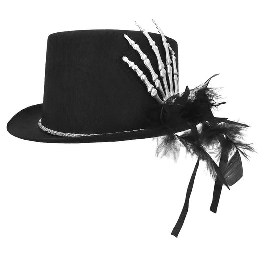 Chapeau Haut de Forme Noir Gothique avec Décoration Squelette