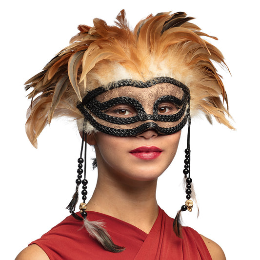 Masque Vénitien Plumes Dorées avec Chaînes Perlées
