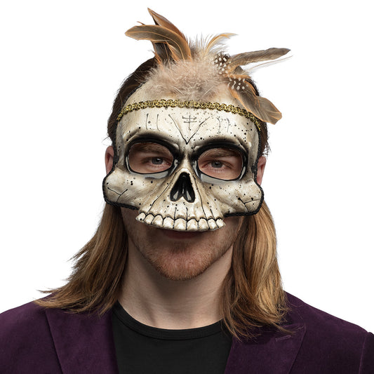 Masque Crâne Skull Amérindien avec Plumes - Déguisement Halloween