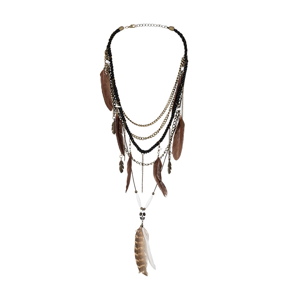 Collier Chaîne Bohème Plumes et Crâne - Accessoire Tribal Chic