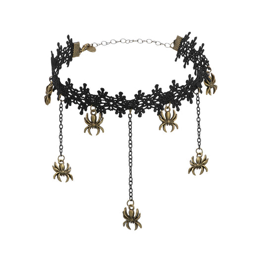 Collier Dentelle Noire Araignées Dorées - Accessoire Halloween
