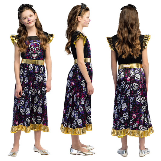 Déguisement Squelette Fleur Mexicain Enfant - Robe Crâne