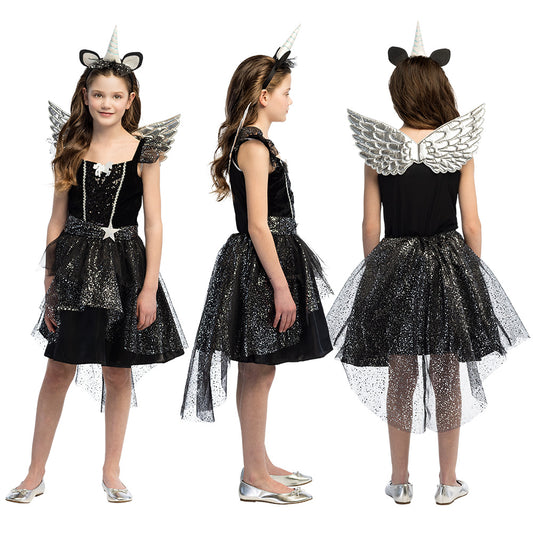 Déguisement Licorne Noire Enfant - Robe Paillettes & Accessoires