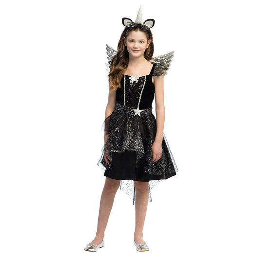 Déguisement Licorne Noire Fille - Robe Pailletée et Ailes Brillantes