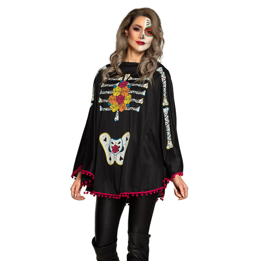 Cape Día de Muertos Noire avec Papillons et Fleurs Colorées