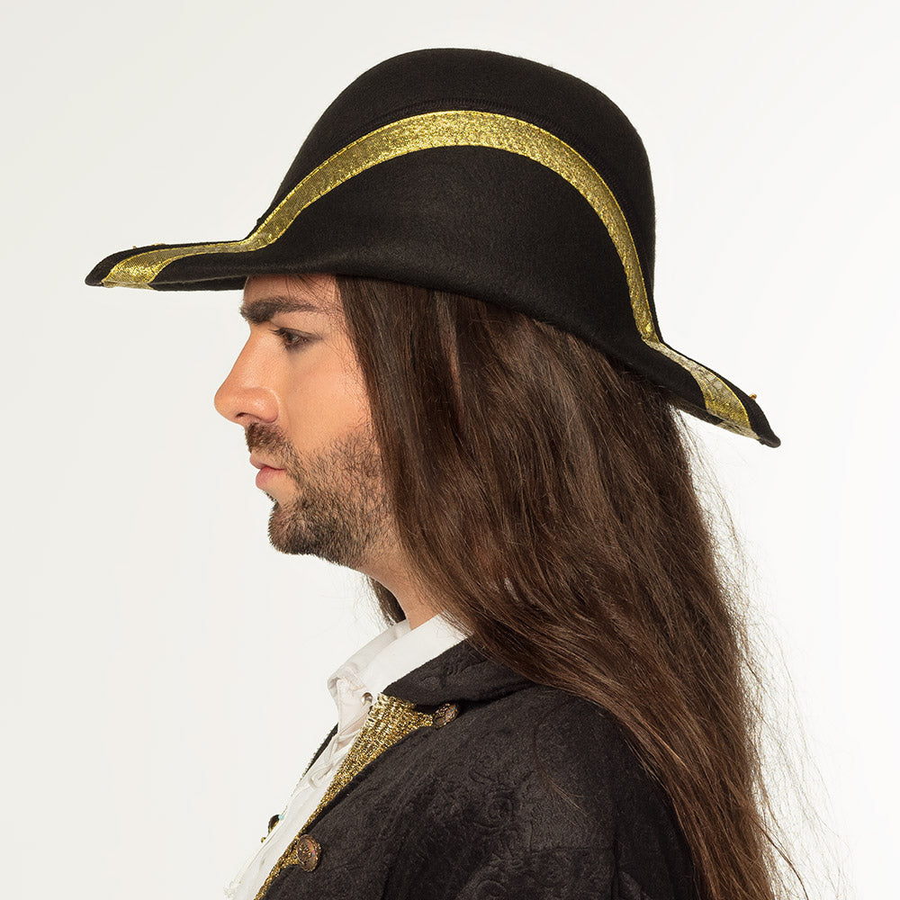 Bicorne Pirate Noir Liseré Or - Chapeau de Pirate Luxe