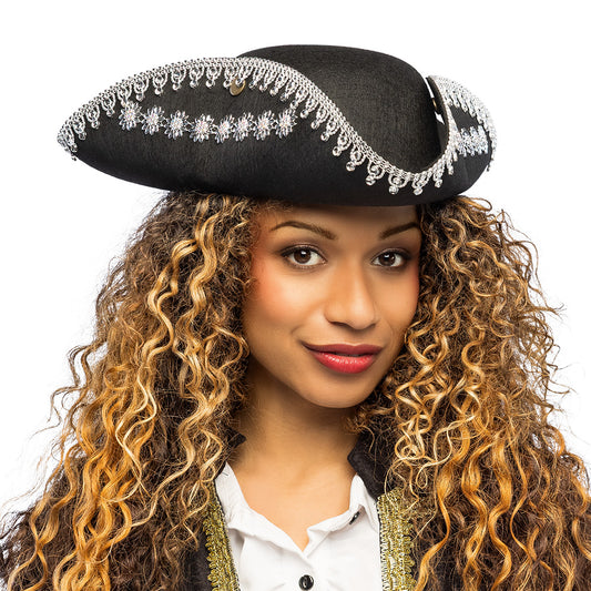 Chapeau Tricorne Noir Dentelle Blanche - Déguisement Pirate