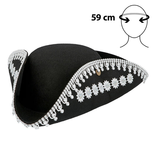 Chapeau Tricorne Noir Dentelle Blanche - Déguisement Pirate