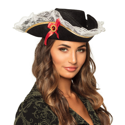 Chapeau Pirate Noir Luxe - Tricorne avec Dentelle et Ruban Rouge