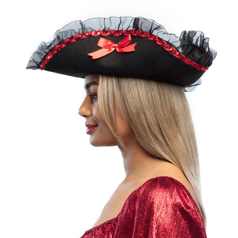 Chapeau Pirate Noir avec Nœud Rouge - Accessoire Déguisement