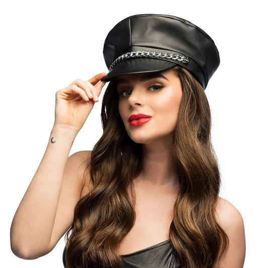 Casquette Chauffeur Cuir Noir Chaîne Argentée Unisexe