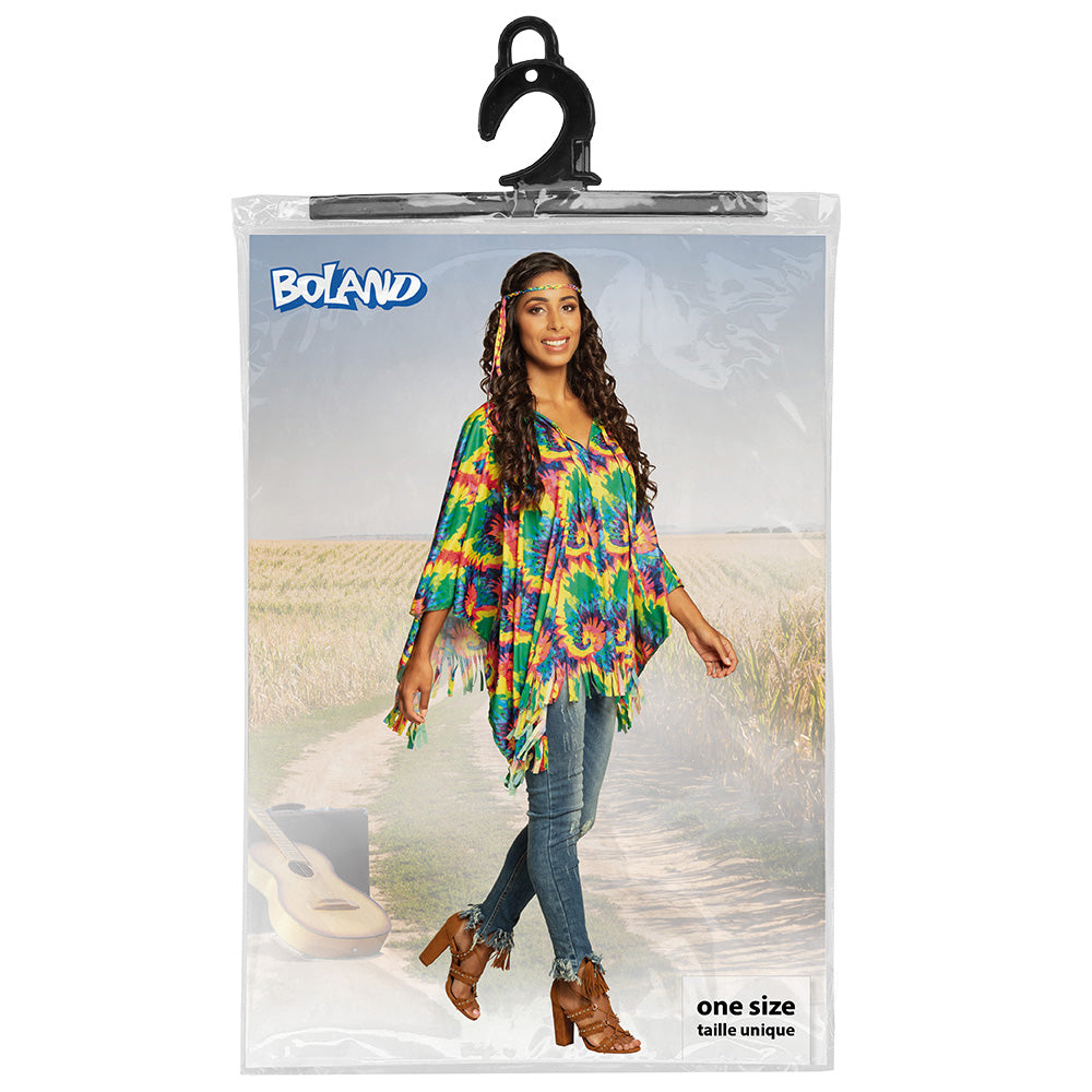 Poncho Tie-Dye Multicolore Hippie avec Bandeau et Franges