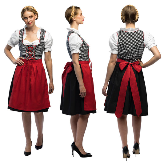 Dirndl Traditionnel Noir et Rouge - Déguisement Bavarois Femme