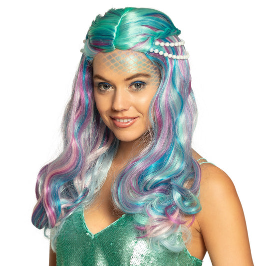 Perruque Sirène Multicolore + Perles - Déguisement Fantastique