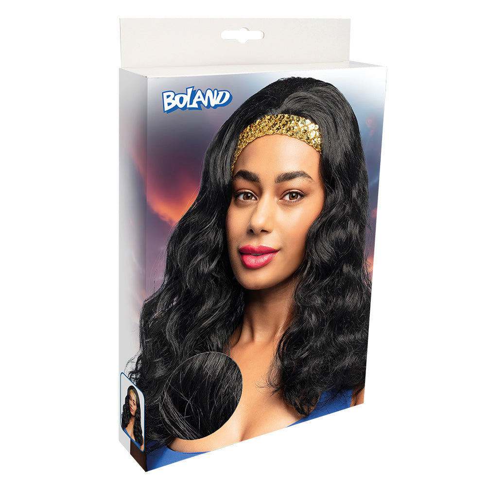 Perruque Ondulée Noire Longue avec Bandeau Paillettes Or