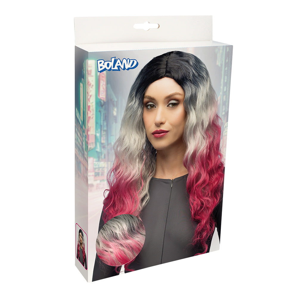 Perruque Longue Ondulée Ombré Noir Gris Rose - Déguisement Fantaisie