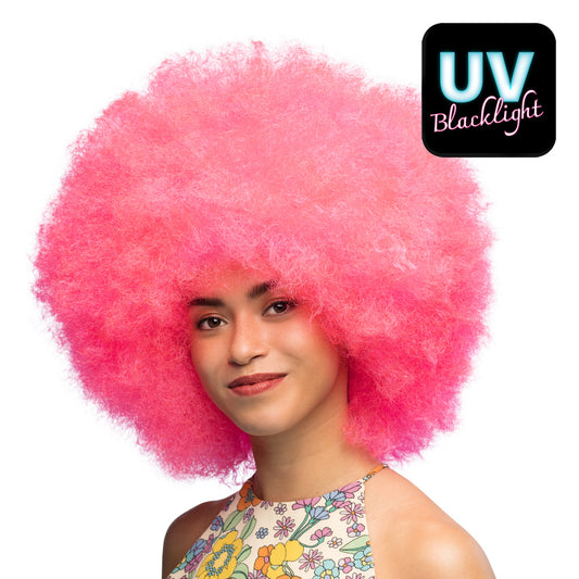 Perruque Afro Géante Rose Fluo UV Blacklight - Déguisement Disco