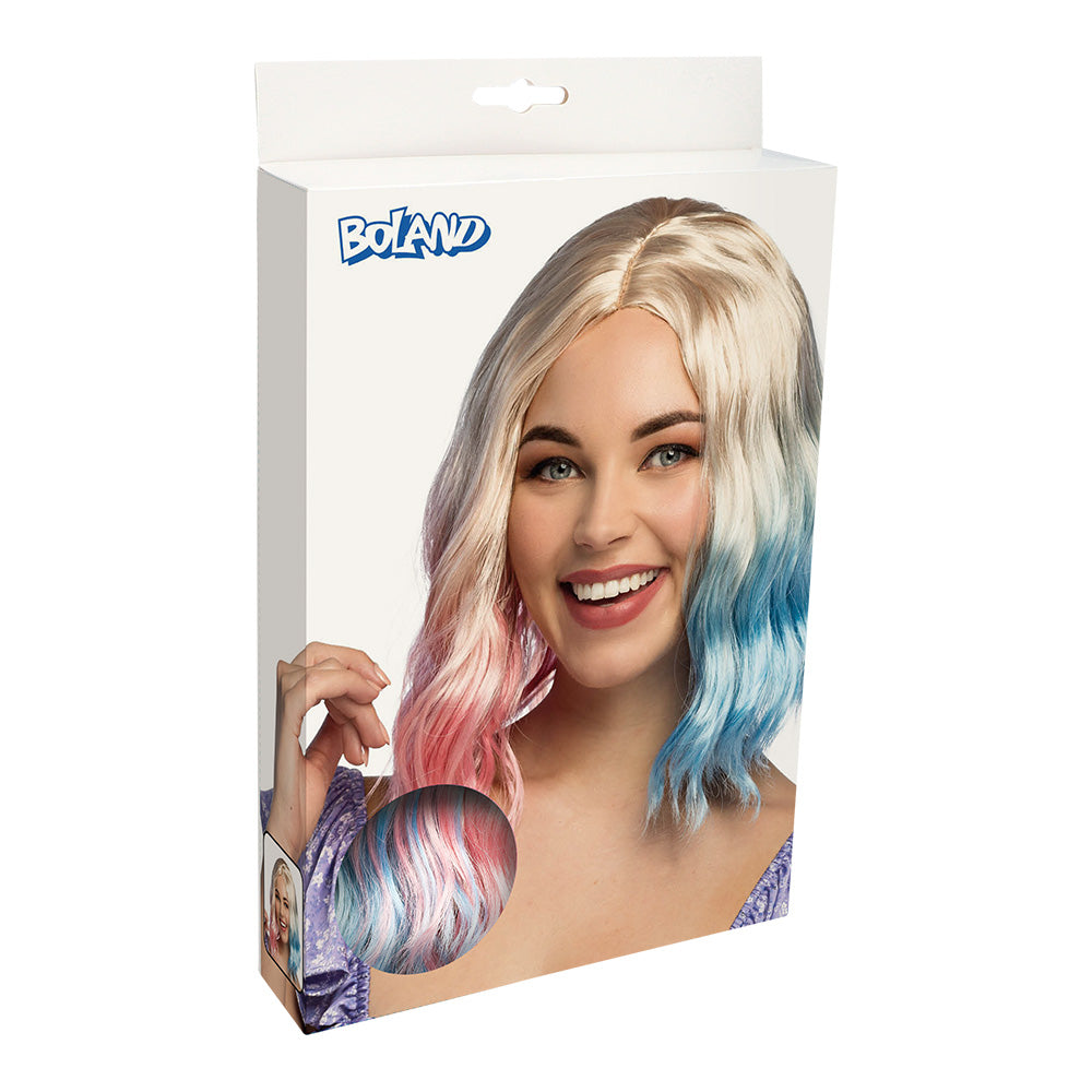 Perruque Multicolore Ondulée - Rose, Bleu et Blond Platine
