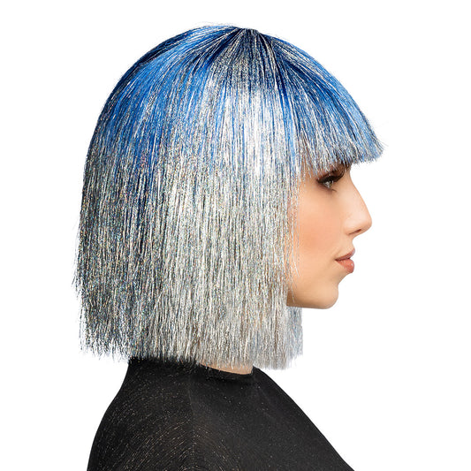Perruque Bleu et Argent Holographique avec Frange - Déguisement Futuriste