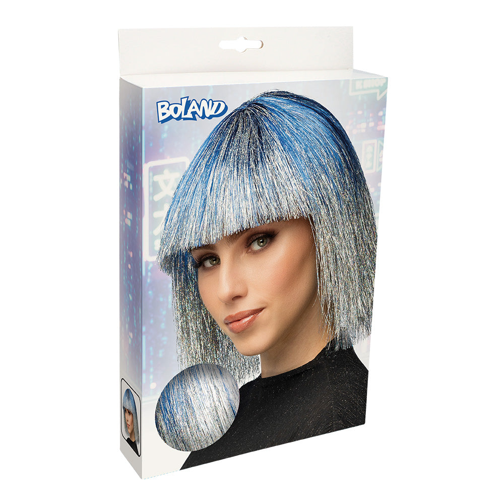Perruque Bleu et Argent Holographique avec Frange - Déguisement Futuriste