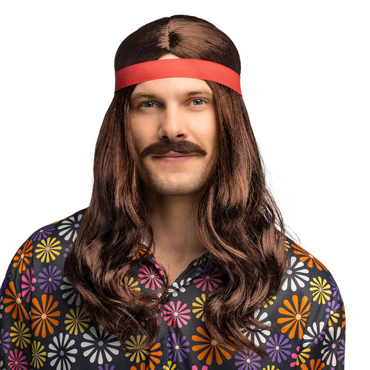 Perruque Hippie Marron avec Bandeau Rouge et Moustache