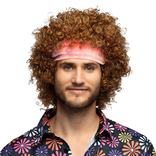 Perruque Bouclée Marron Années 70 avec Bandeau Rose
