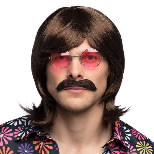 Kit Hippie Années 70 : Perruque, Moustache et Lunettes Roses