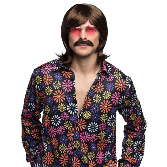 Kit Hippie Années 70 : Perruque, Moustache et Lunettes Roses
