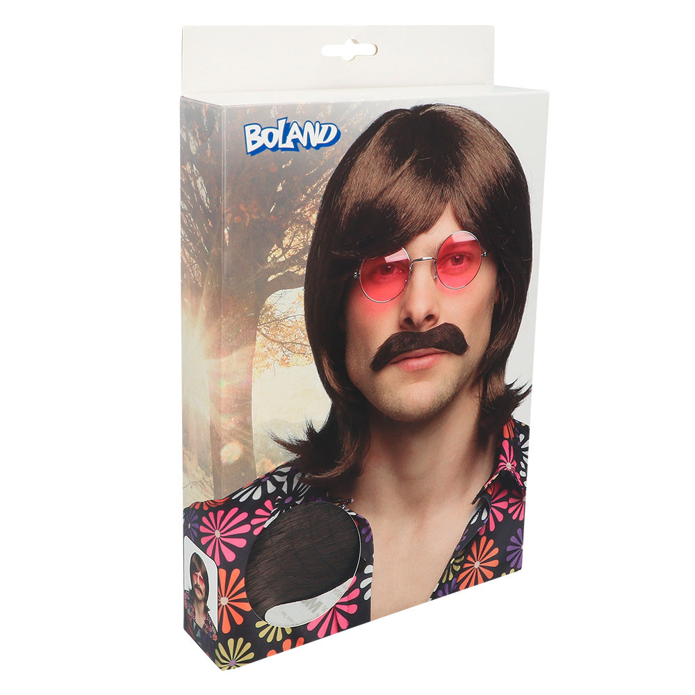 Kit Hippie Années 70 : Perruque, Moustache et Lunettes Roses