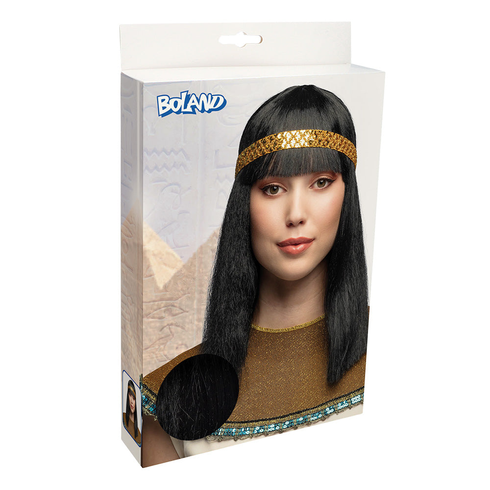 Perruque Égyptienne Noire avec Bandeau Doré - Cléopâtre