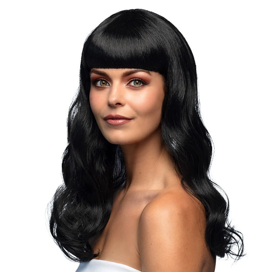 Perruque Longue Noire Ondulée avec Frange - Déguisement Femme