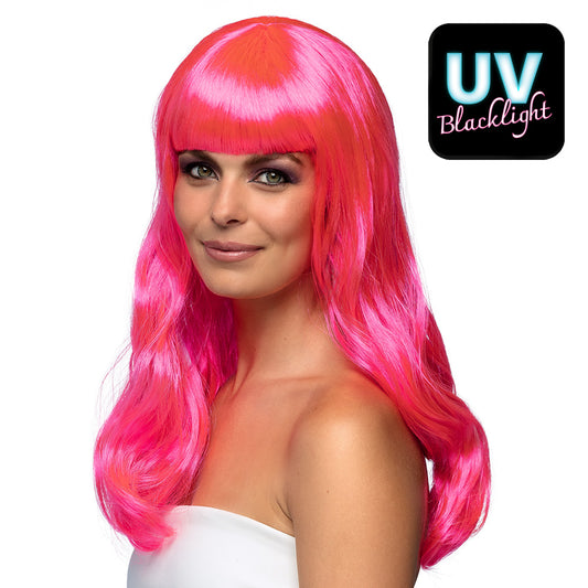 Perruque Longue Rose Fluo UV Blacklight - Déguisement Années 80