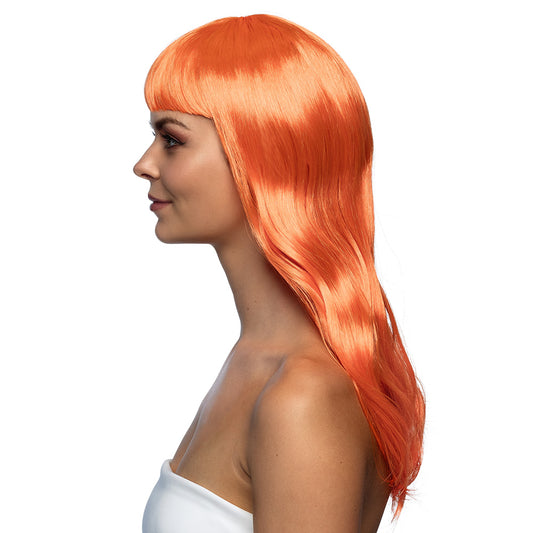Perruque Orange Longue Cheveux Ondulés Frange - UV Blacklight