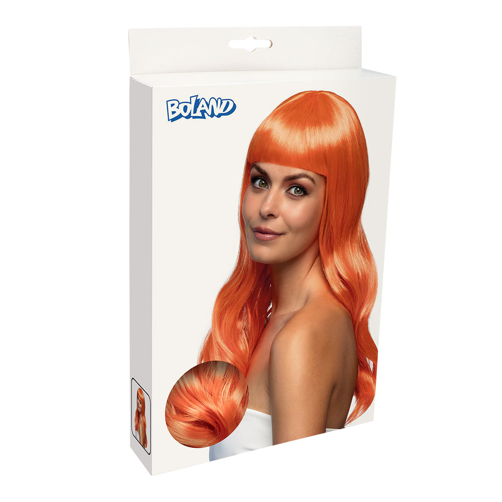 Perruque Orange Longue Cheveux Ondulés Frange - UV Blacklight