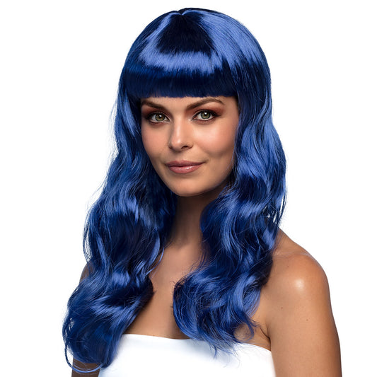 Perruque Longue Bleue Ondulée avec Frange - Déguisement