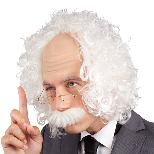 Perruque Savant Blanc Bouclée avec Barbe - Déguisement Scientifique