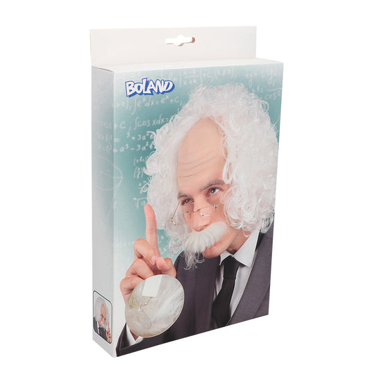 Perruque Savant Blanc Bouclée avec Barbe - Déguisement Scientifique