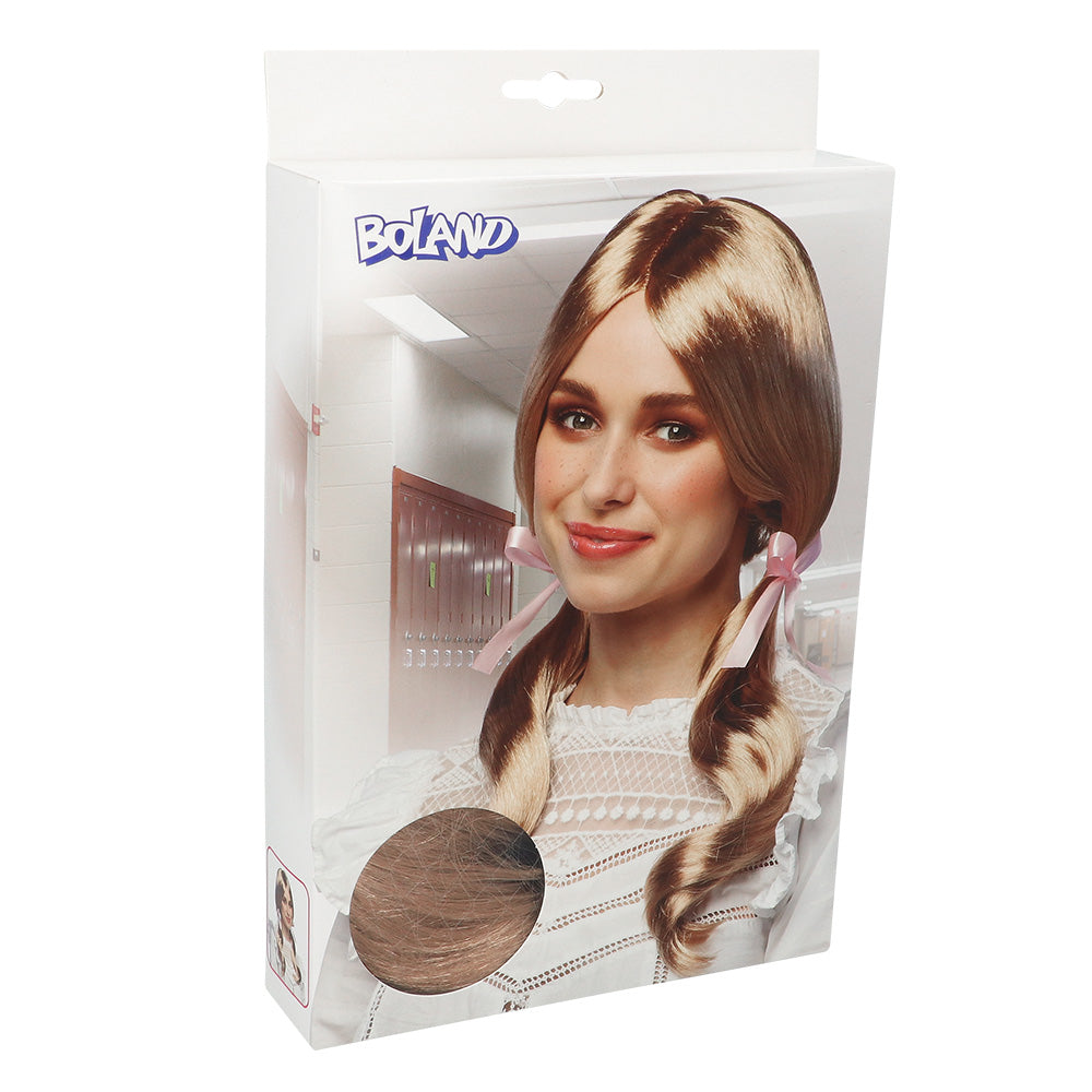 Perruque Blonde Ondulée avec Rubans Rose - Déguisement Années 70