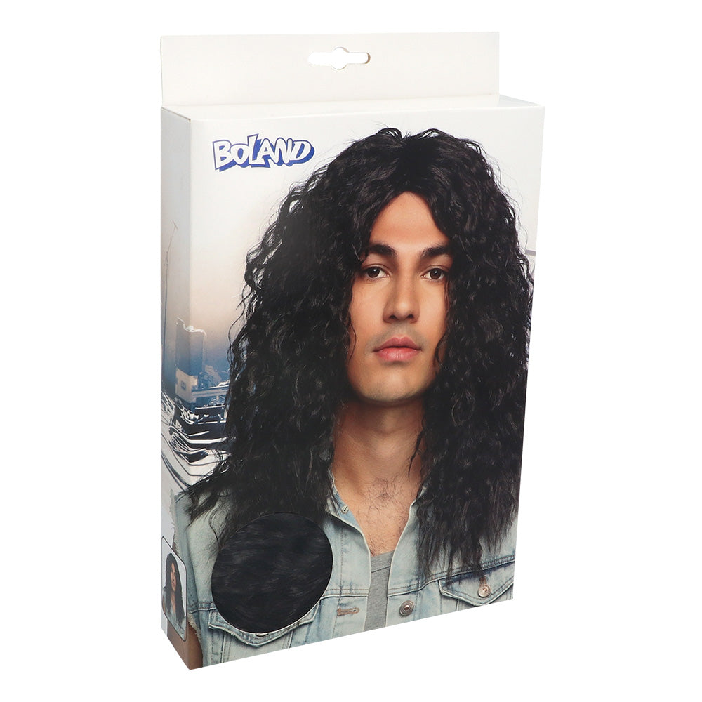 Perruque Longue Bouclée Noire pour Homme - Style Rock 80s
