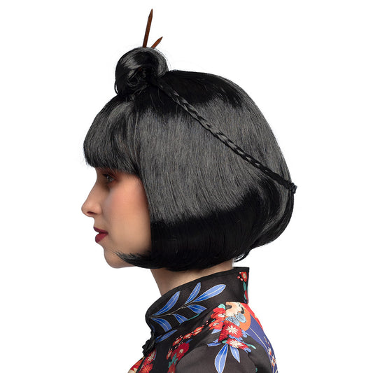 Perruque Asiatique Noire avec Chignon et Baguettes - Déguisement