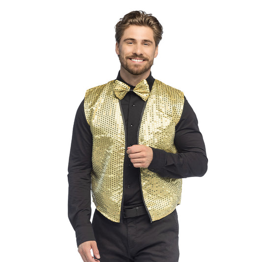 Gilet Paillettes Or + Nœud Papillon Disco Party Adulte